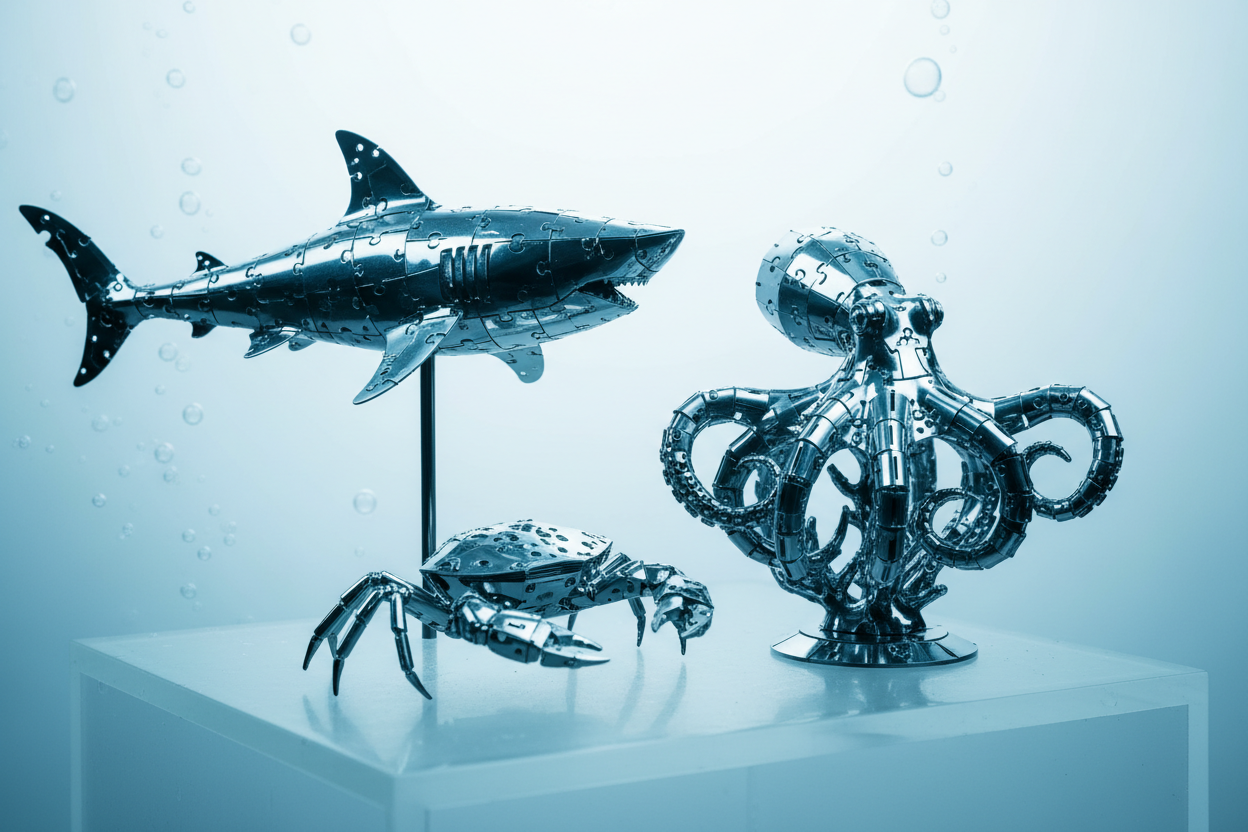 アンティーク　海洋生物デザインの金属製置物セット 海洋生物】深海魚・シャチの精密メタルモデル・大人の立体フィギュア