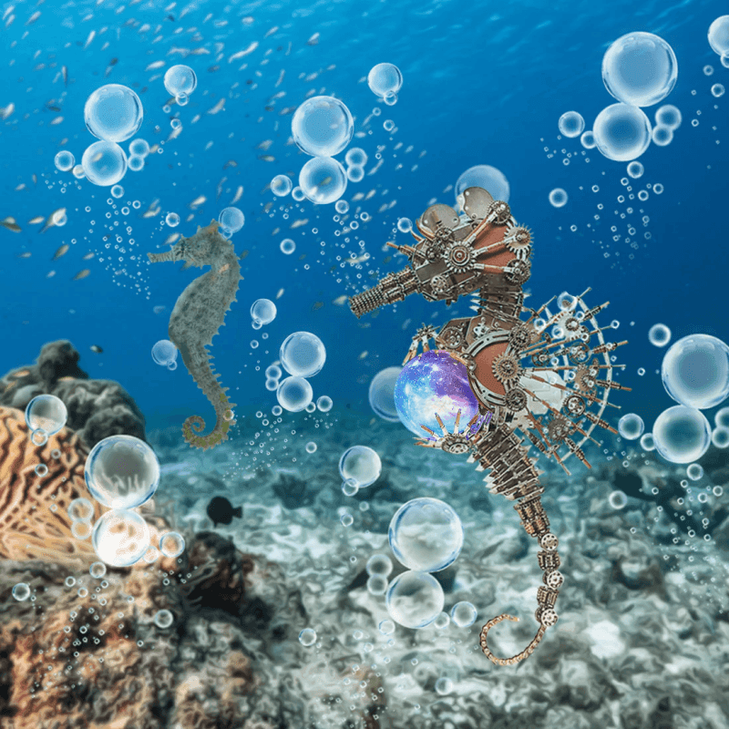 蒸気パンクスタイルの妊娠した海馬が、惑星を持つ金属モデルキット - 地球を健康に保つ - ビルディングブロック