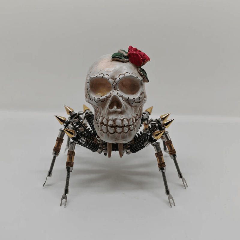 ゴシックスパイダースカルライト レッドローズ付き 3Dメタルパズルキット 不気味なハロウィーンギフト - ビルディングブロック