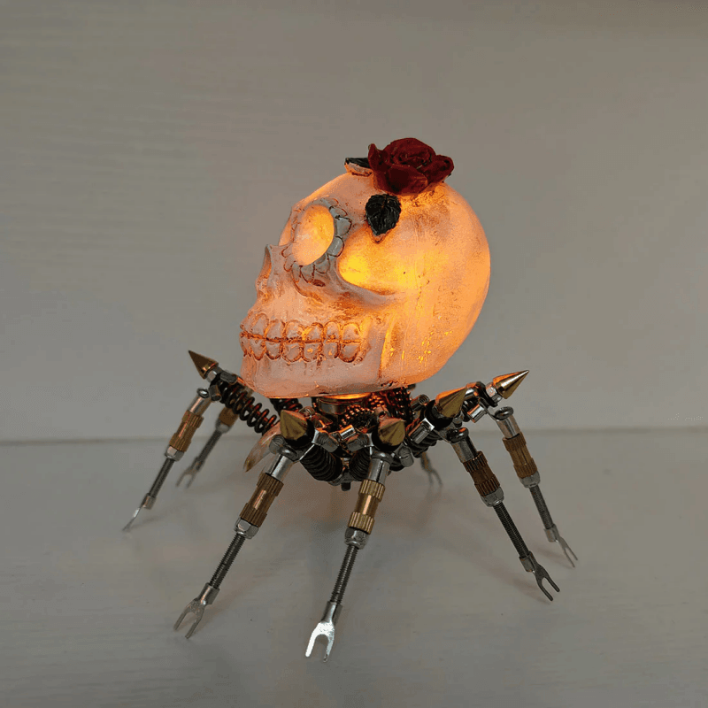 ゴシックスパイダースカルライト レッドローズ付き 3Dメタルパズルキット 不気味なハロウィーンギフト - ビルディングブロック