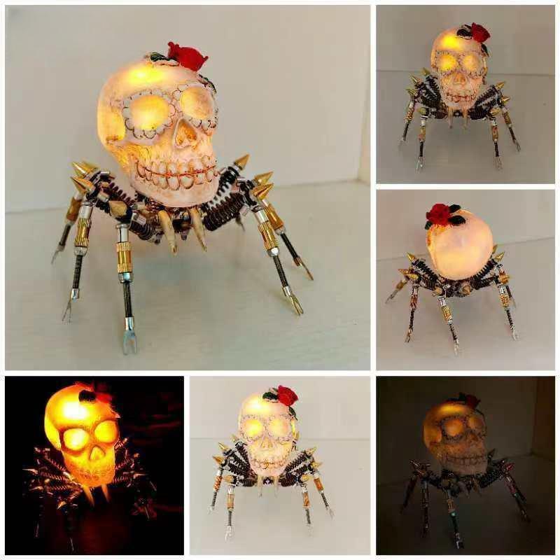 ゴシックスパイダースカルライト レッドローズ付き 3Dメタルパズルキット 不気味なハロウィーンギフト - ビルディングブロック