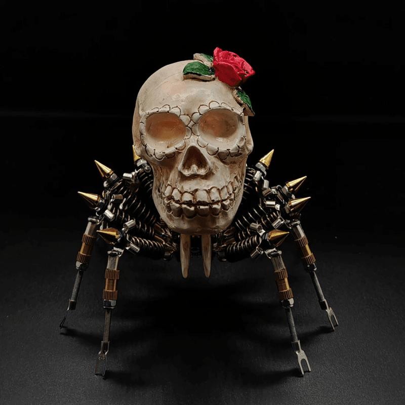 ゴシックスパイダースカルライト レッドローズ付き 3Dメタルパズルキット 不気味なハロウィーンギフト - ビルディングブロック