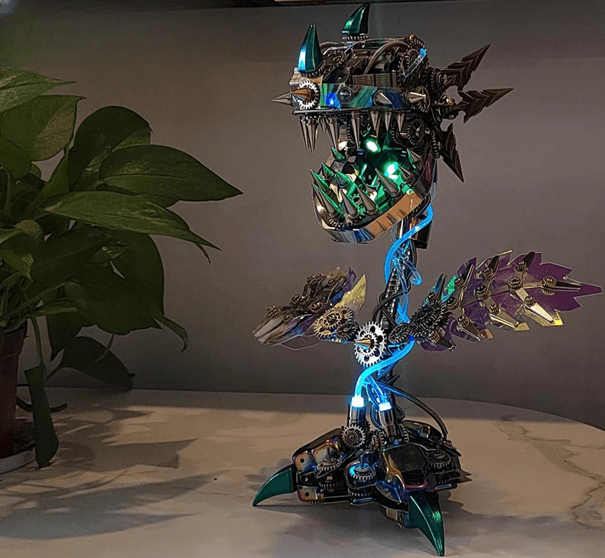 ハロウィンのコレクティブルギフト、開閉可能な口を持つ食人植物の花金属組み立てキット(400ピース) - ビルディングブロック