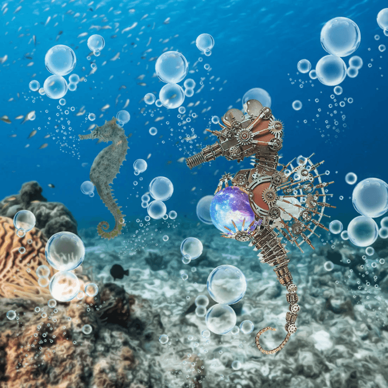 スチームパンク風タツノオトシゴの金属模型を描いたプレスリリース用カバー画像