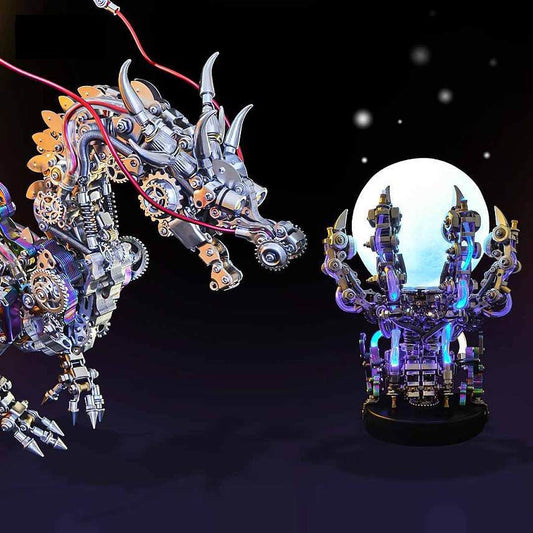 和風書斎のデスクに置かれたステンレス製ドラゴン型メタルパズルの完成品