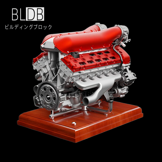 木製台座に載ったDM108 V12エンジン模型のV型シリンダーと内部機構