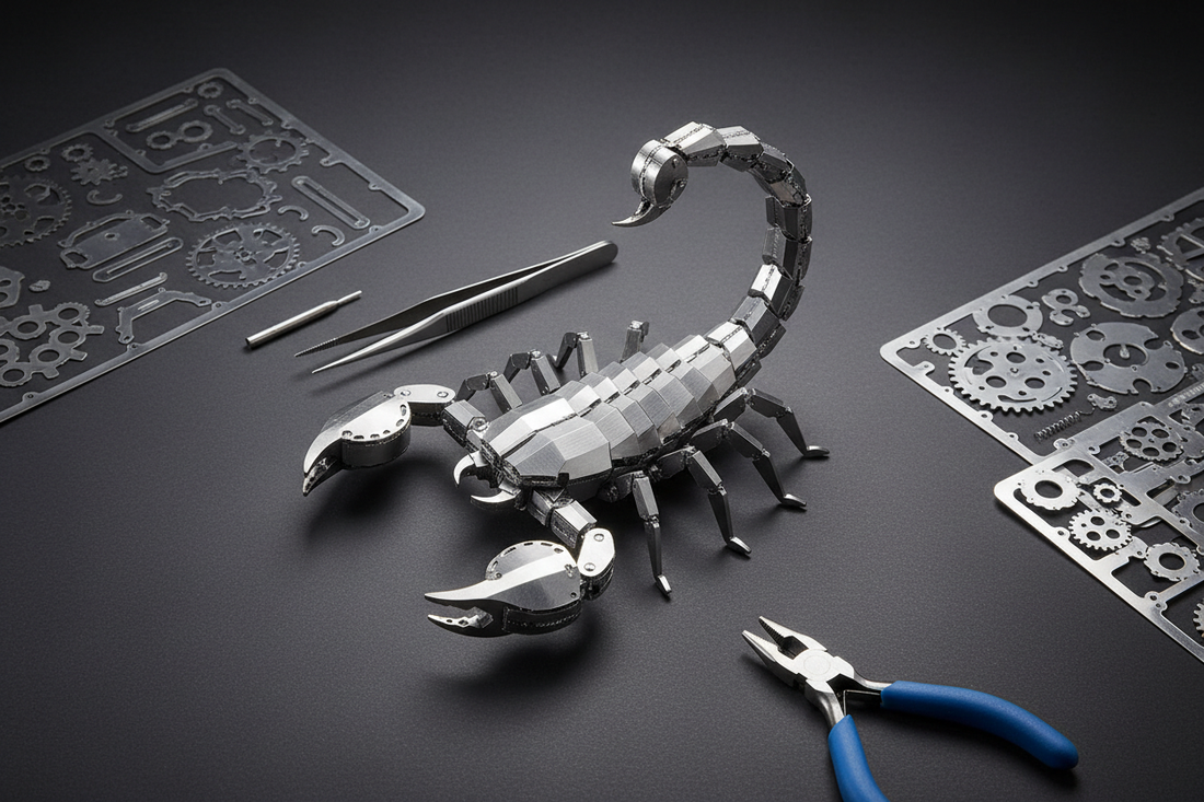 3D金属パズルの完成モデルと組み立て工具のフラットレイ写真