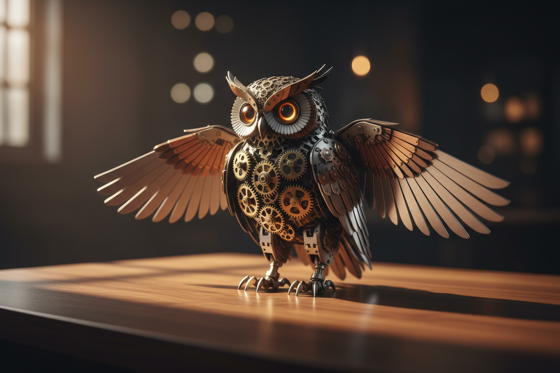 ステンレス製スチームパンクフクロウの3D金属パズル完成品をデスクに飾ったイメージ：真鍮のギアと金属の羽根が間接照明に輝く