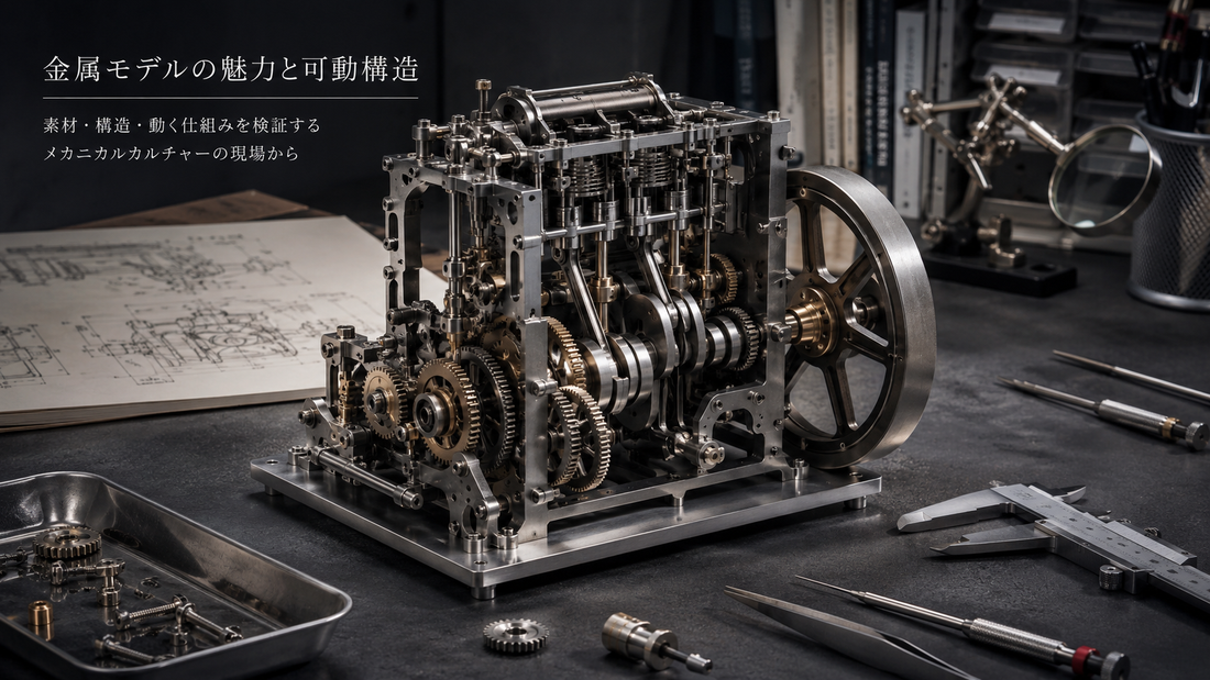 精密なギアやクランク機構を備えた金属製メカニカルモデルと測定工具が並ぶ作業台