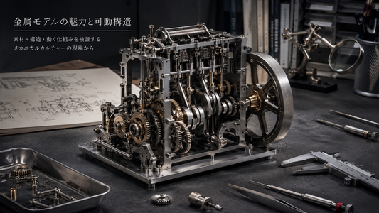 精密なギアやクランク機構を備えた金属製メカニカルモデルと測定工具が並ぶ作業台