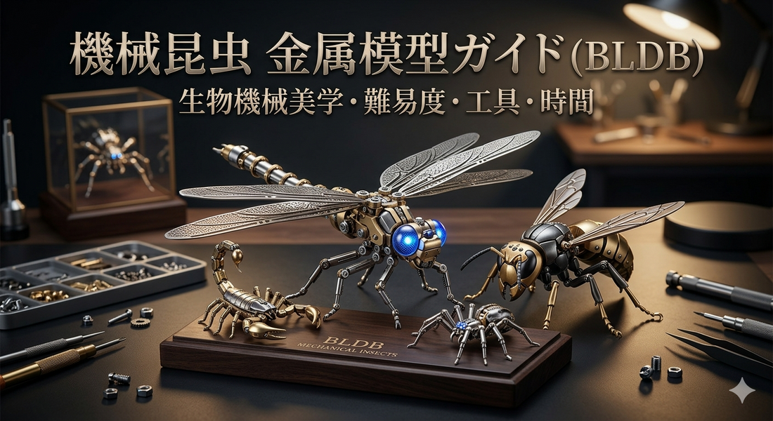 BLDB機械昆虫シリーズの金属模型（メカ蜻蜓、蠍、蜂、蜘蛛）が精密工具と共に並ぶデスク。上部にタイトル「機械昆虫 金属模型ガイド（BLDB）」と副題「生物機械美学・難易度・工具・時間」のテキスト。