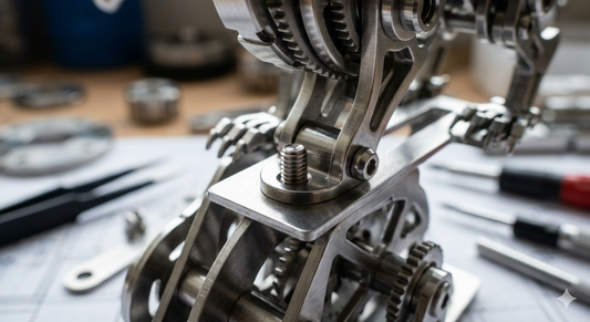 BLDB金属モデルの精密ネジ止め部。1mm厚ステンレス鋼パーツの接合詳細。