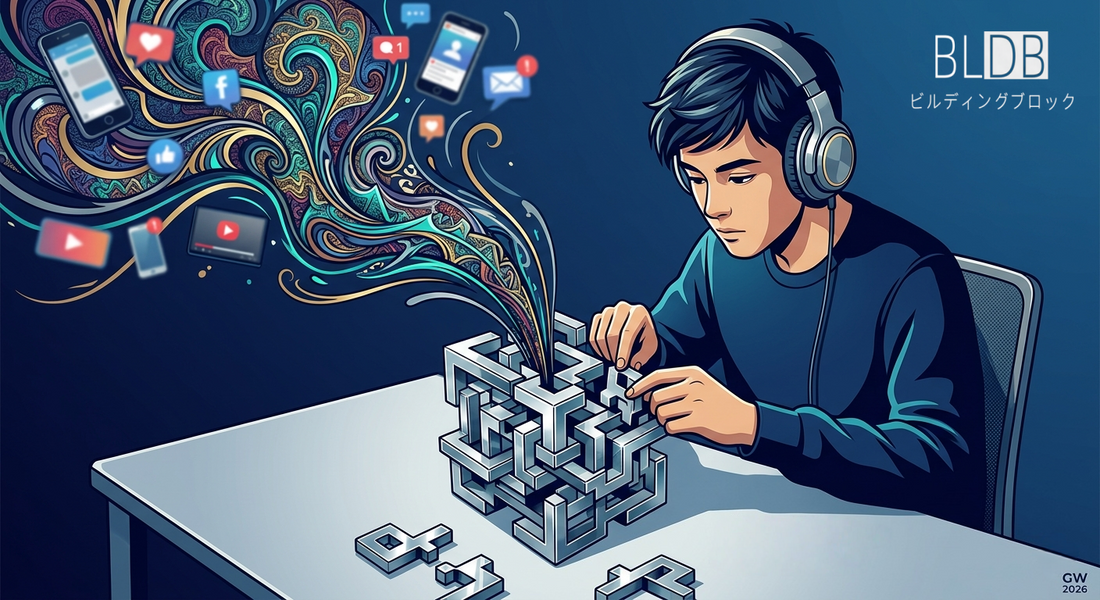 BLDBのステンレスパズルを組み立てる集中した若者。混乱した思考がパズルの構造に引き込まれ整理されていく様子。