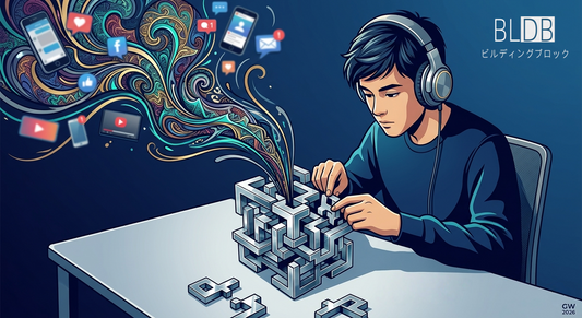 BLDBのステンレスパズルを組み立てる集中した若者。混乱した思考がパズルの構造に引き込まれ整理されていく様子。
