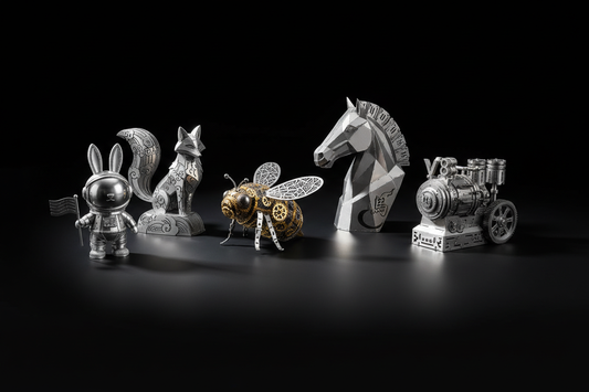 BLDBの人気3Dメタルモデル5選を並べたフラットレイ。宇宙うさぎ、玲瑇狐、マルハナバチ、馬頭、スチームパンクエンジンがブラック背景にステンレスの光沢で輝いている。