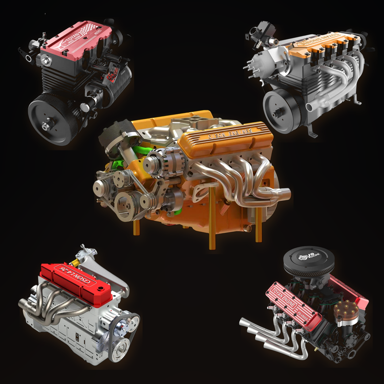 SEMTO・TOYAN・CISONのRCモデル用実働エンジン5機種を並べたシリーズ画像