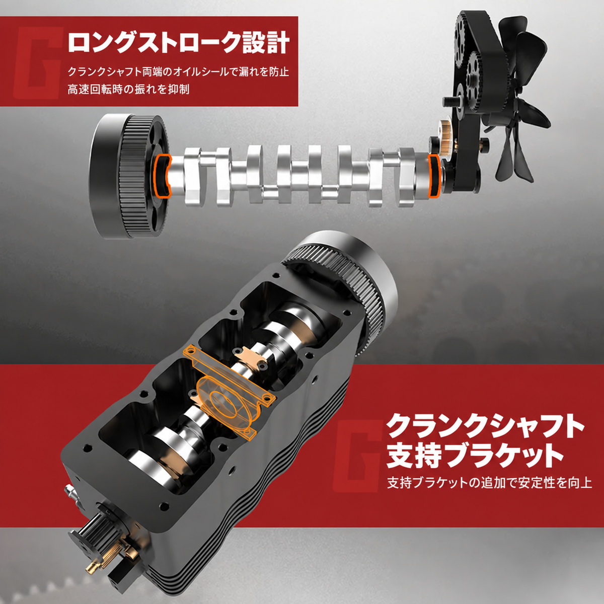 高回転時の軸を支えるFS-L400BGCクランクシャフト支持構造
