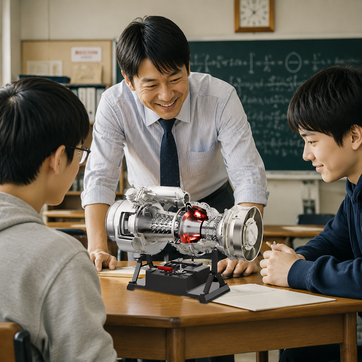 日本の教室で教師と生徒がジェットエンジン模型を囲み、ものづくりや機械工学への理解を深める学習シーン
