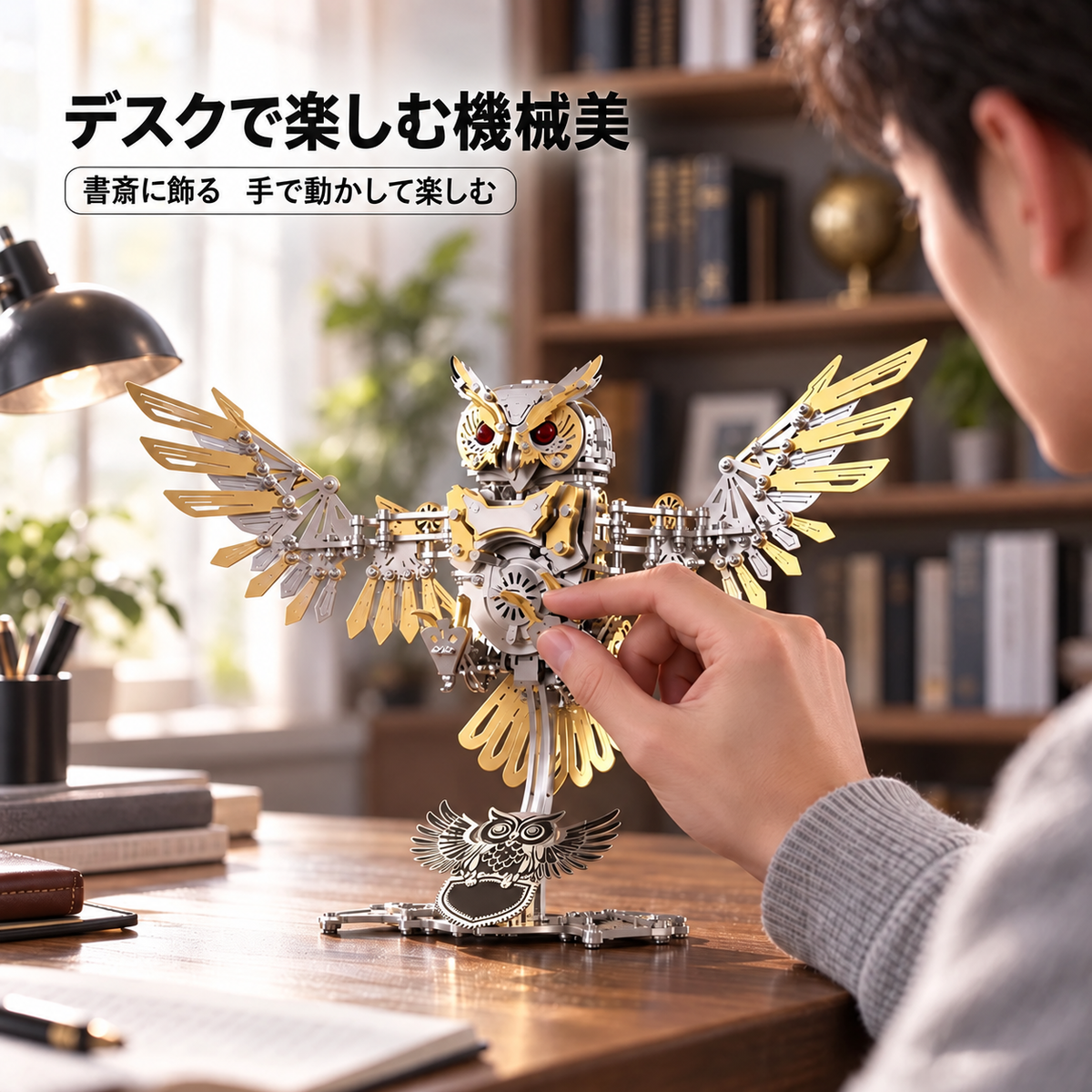 ゴーグル付きフクロウ金属模型の組立工程イメージ