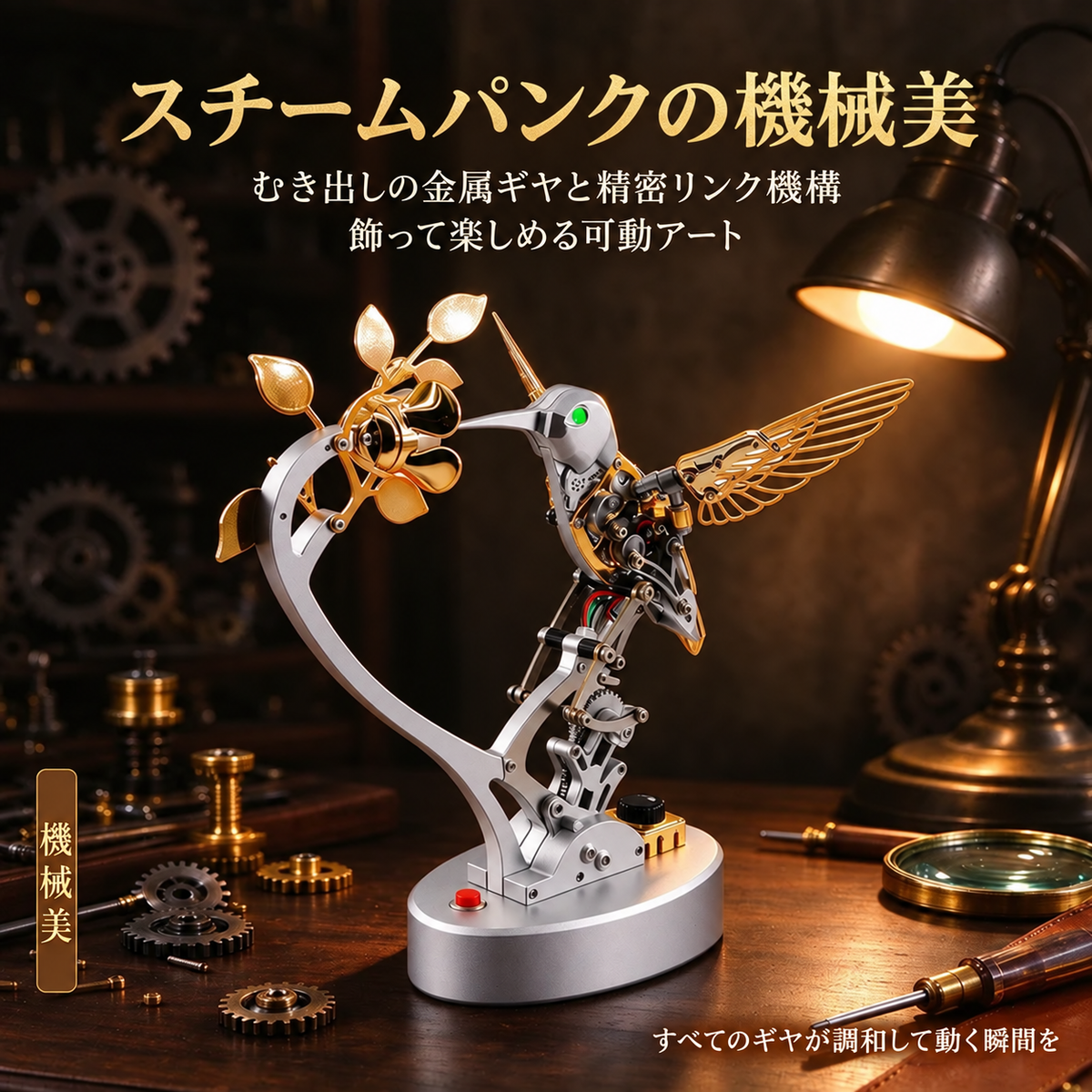 グリーンLEDが点灯するメカニカルハチドリの頭部