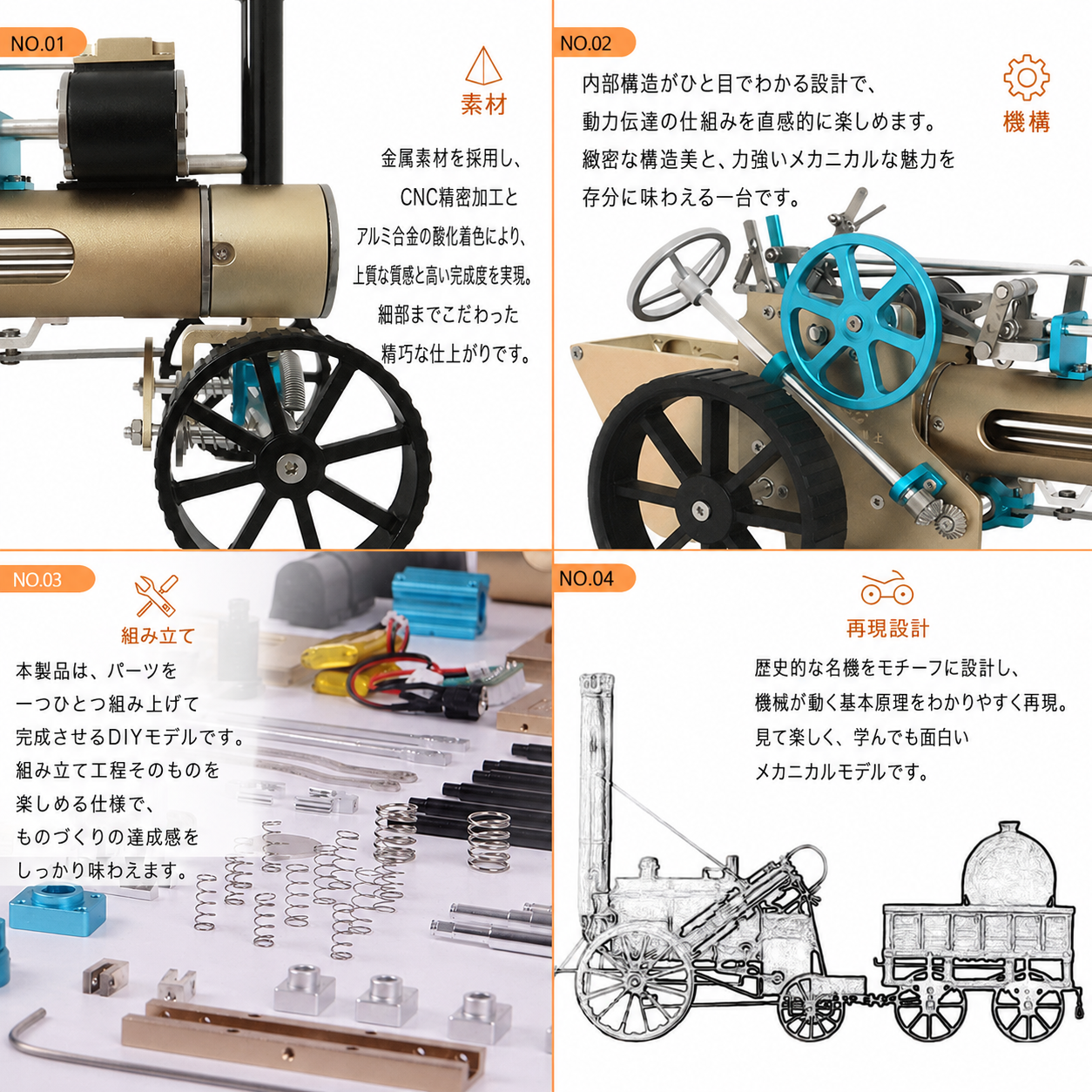 蒸気自動車メタルモデルの素材・機構・組立・再現設計を紹介する画像