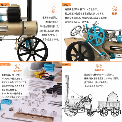 蒸気自動車メタルモデルの素材・機構・組立・再現設計を紹介する画像