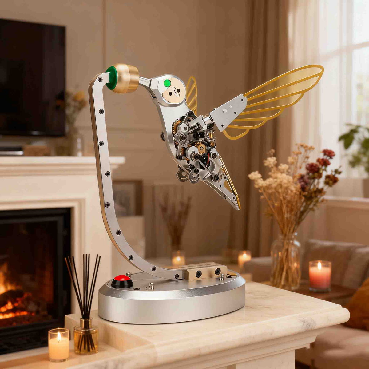 精密な金属歯車を露出させたハチドリ模型の胴体部分