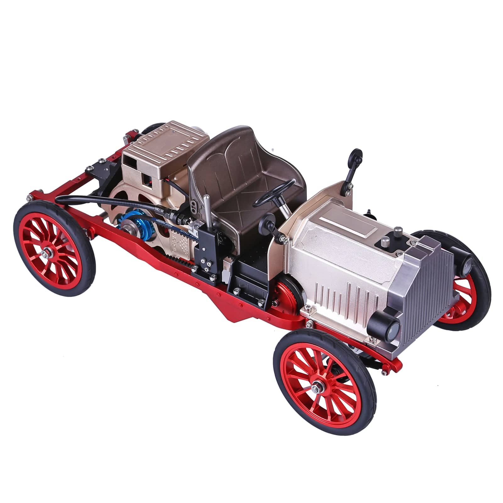 クラシックカー型DIY金属模型の側面ビュー。エンジン部分やギア機構が見える本格的なメタル組立キット
