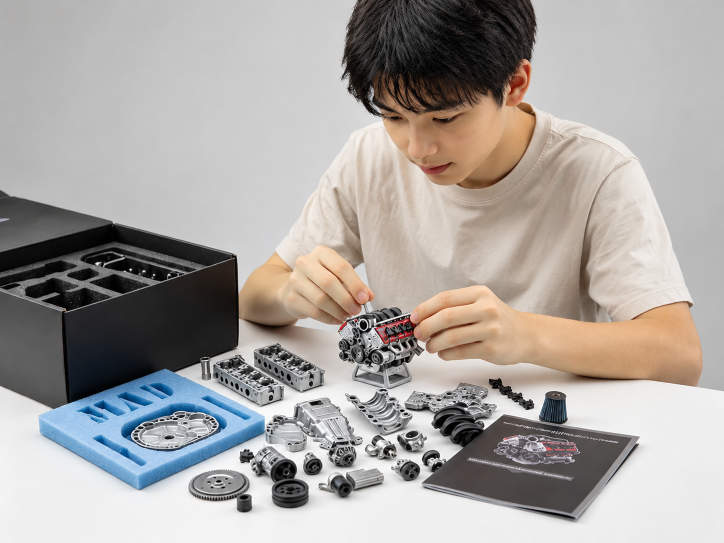 少年がV12メタルエンジンモデルを組み立てている様子。精密なDIYメタルモデルキットと組立パーツ