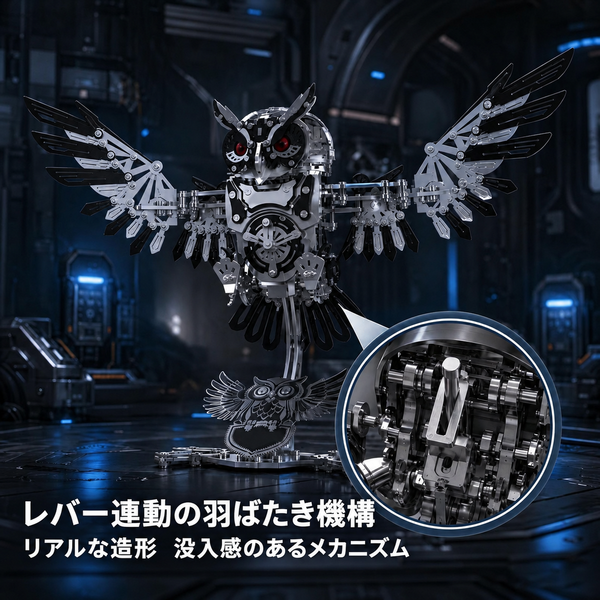 棚に飾ったスチームパンク風フクロウ金属製組立模型