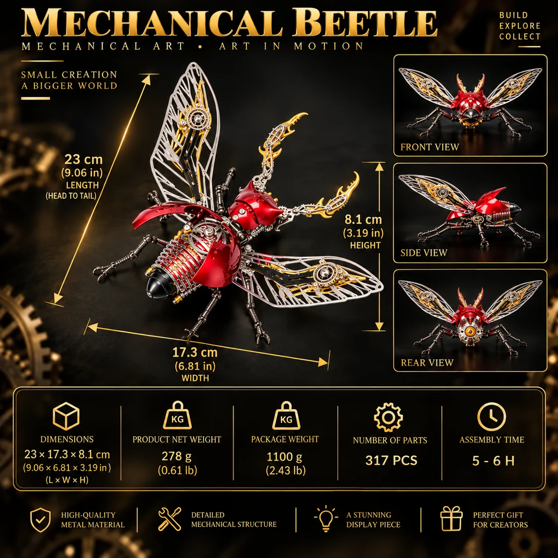 メカニカル カブトムシ 3Dメタルモデル｜317ピース DIY昆虫パズル 4色展開
