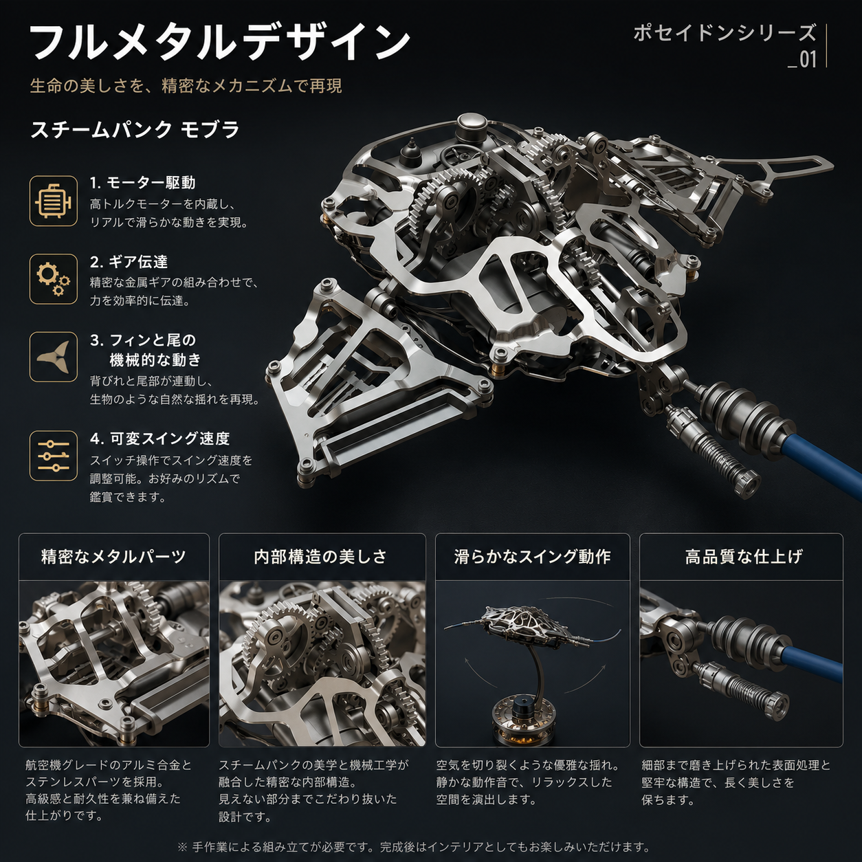 精密なギアとリンク機構を組み込んだフルメタル製モブラの内部構造