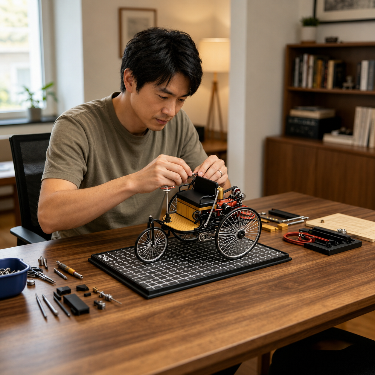 1886年ベンツ・パテント・モトールヴァーゲン金属モデルを組み立てる男性のDIY制作風景