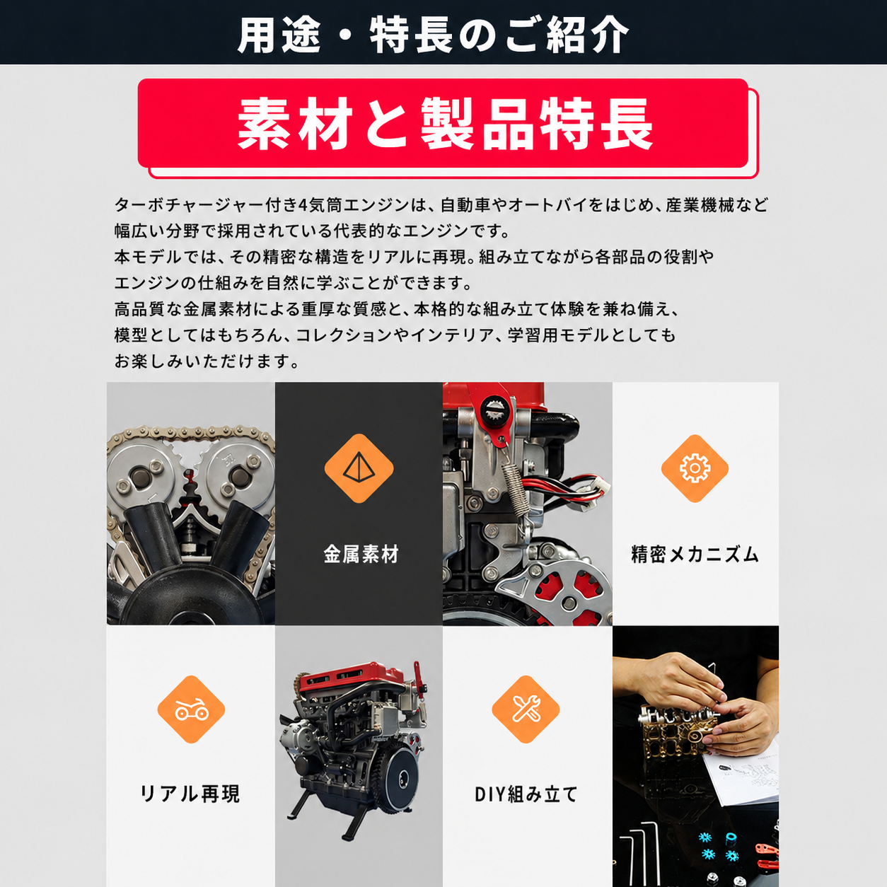 V4自動車エンジンモデル フルメタル組み立て式 4気筒エンジンキット 産業研究・学習用/おもちゃ/ギフト
