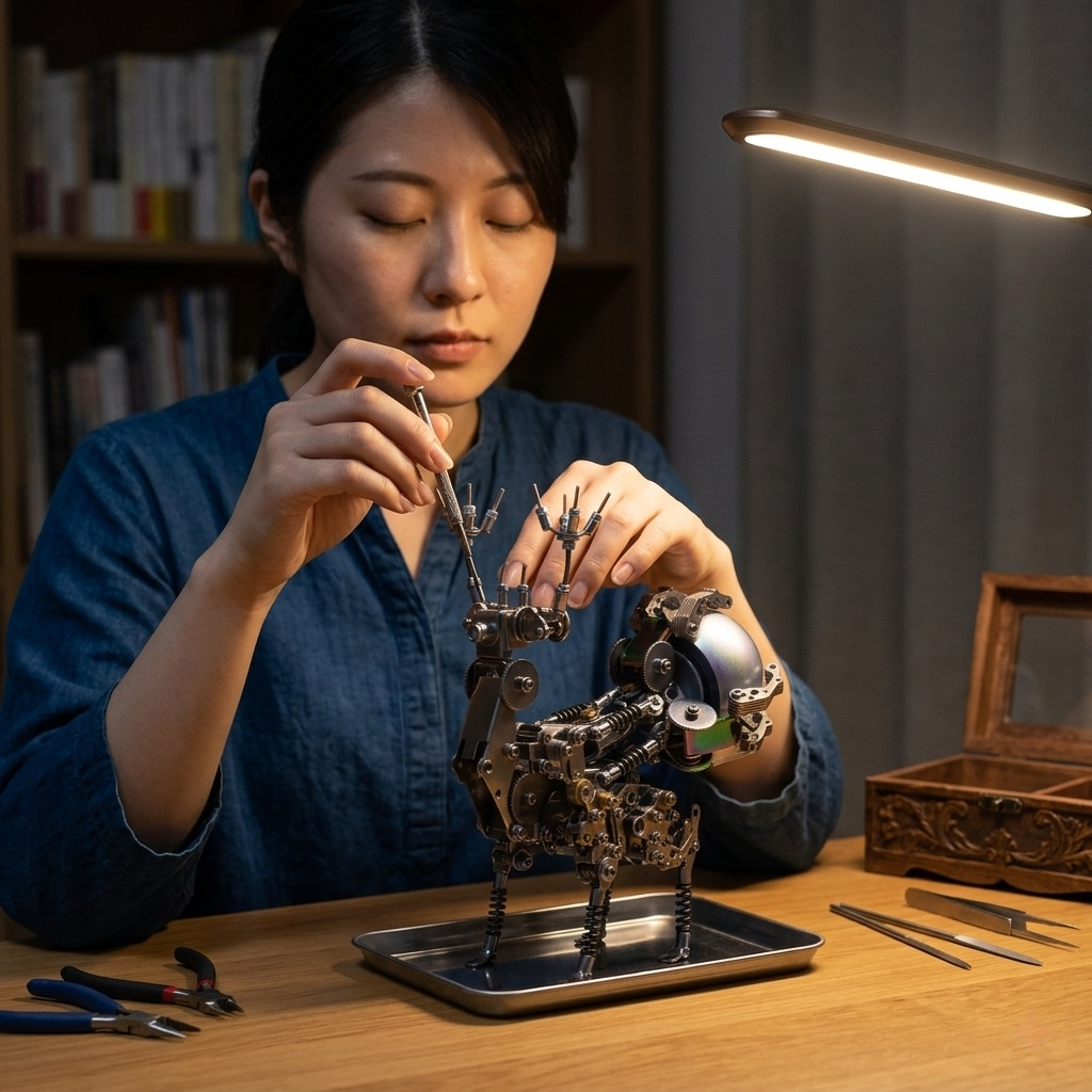 スマホを置いて金属模型の工作に集中する女性。現代のデジタルデトックスやマインドフルネスグッズ。