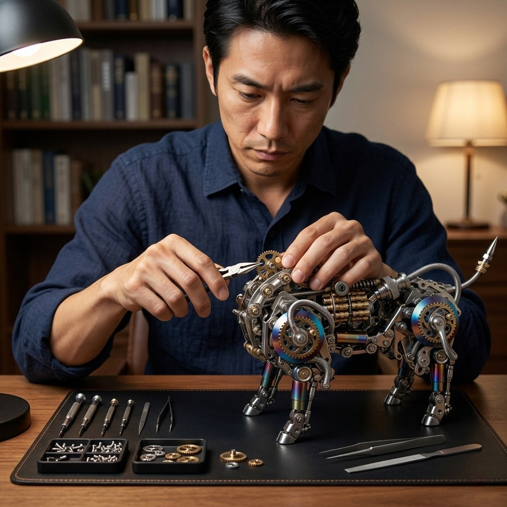 完成したメカニカルな動物模型と工具。デスクを彩る機械美のオブジェ、大人の高級フィジェットトイ。