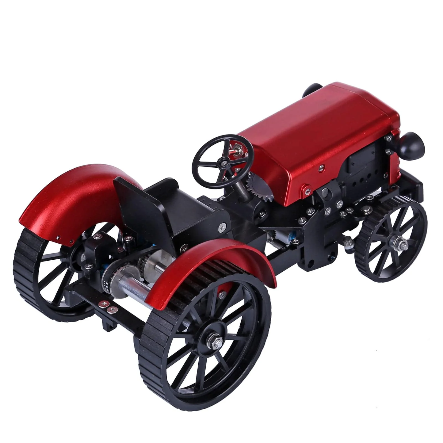赤い電動メタルトラクターモデルの後方斜めビュー。大型後輪と金属フレームを再現した完成品