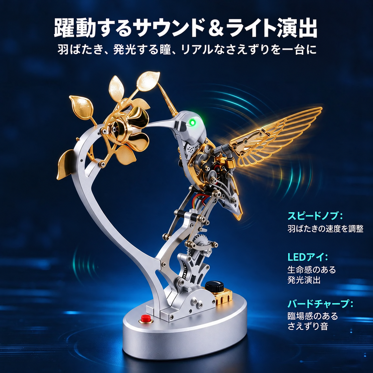 長いくちばしと金属製の翼を備えたハチドリ模型の斜め前面