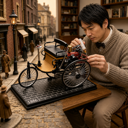 集中して1886年ベンツ・パテント・モトールヴァーゲンを組み立てるDIY制作風景