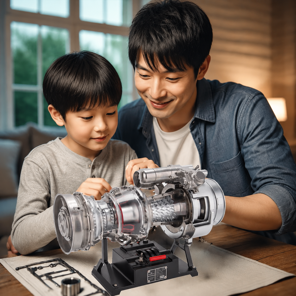 父と息子が一緒にターボシャフトエンジンの模型キットを組み立てる