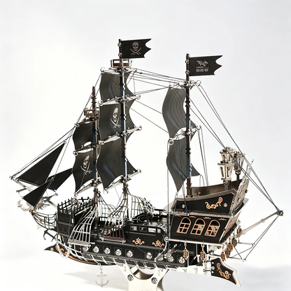 黒帆の海賊船3Dメタルモデルを船尾側から見た完成図