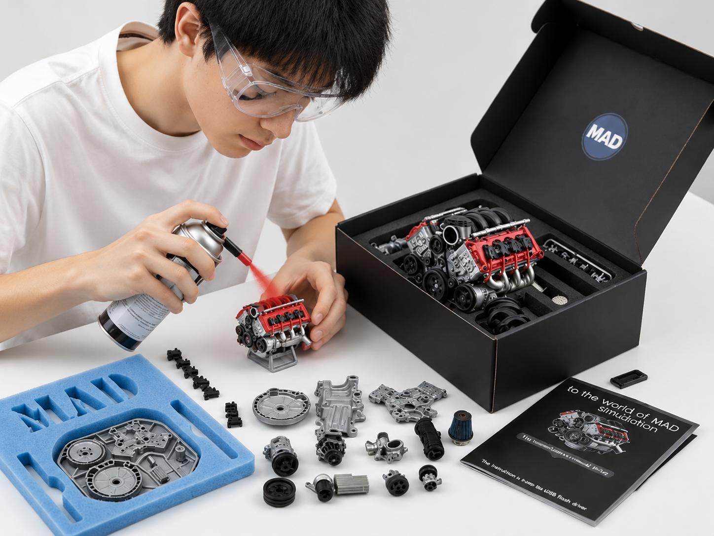 V12メタルエンジンモデルを組み立てる日本人の少年。精密DIYメタルモデルキットの組立イメージ