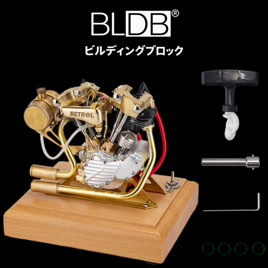 木製ベースに固定したRETROL R29 V型2気筒エンジンの正面