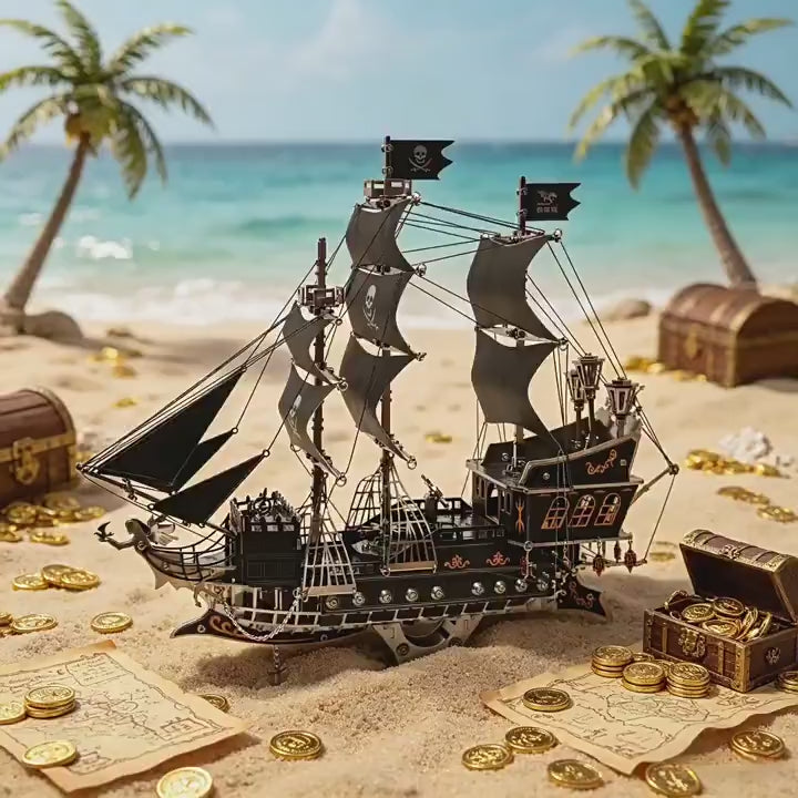 黒帆とドクロ旗を備えたメカニカル海賊船3Dメタルモデルの完成